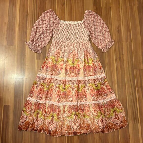 Derhy pink romantic flowing boho beaded tiered midi dress w sheer puff sleeves - Picture 1 of 8